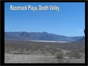 The approach to Racetrack Playa, which is fairly isolated within Death Valley National Park. The group had to drive a little over an hour on a dustry gravel raod to see this oddity. From afar, you can see that it looks like a typical stretch of desert sand. The black outcrop within the playa is called the Grandstand.